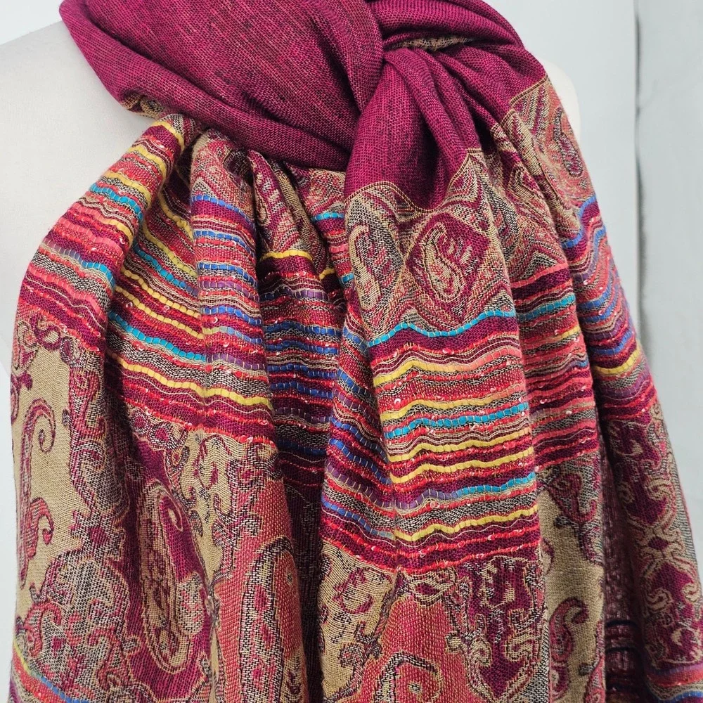 100% Pashmina Scarf Wrap Large Burgundy Paisley Boho Rainbow Tassel Luxury Shawl